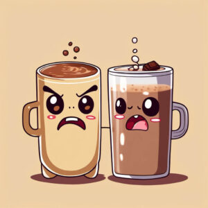 Image of a cup of cacao getting angry at a cup of soy